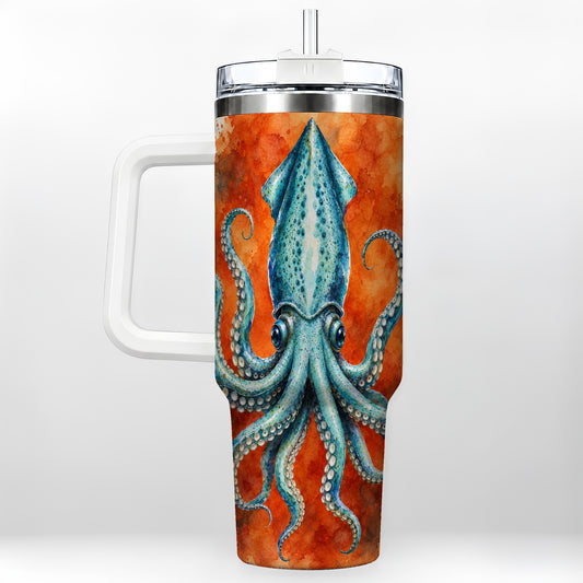 Watercolor Blue Squid 40oz Tumbler with Handle, Ocean Creature Travel Cup