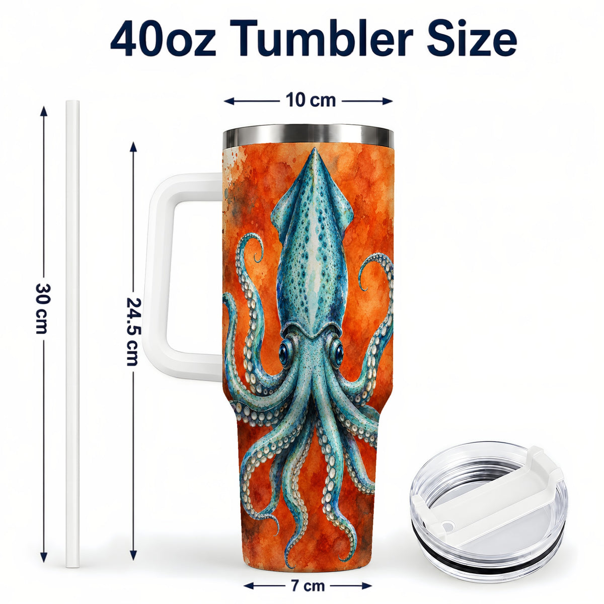 #pl[40oz|White] Watercolor Blue Squid 40oz Tumbler with Handle, Ocean Creature Travel Cup