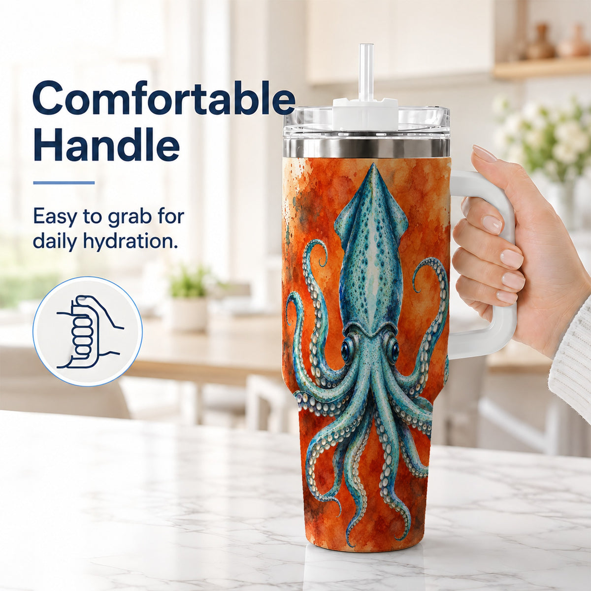 #pl[40oz|White] Watercolor Blue Squid 40oz Tumbler with Handle, Ocean Creature Travel Cup