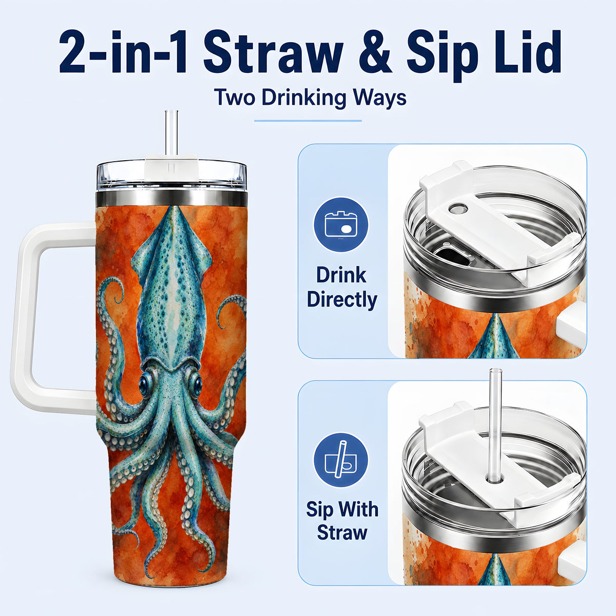 #pl[40oz|White] Watercolor Blue Squid 40oz Tumbler with Handle, Ocean Creature Travel Cup