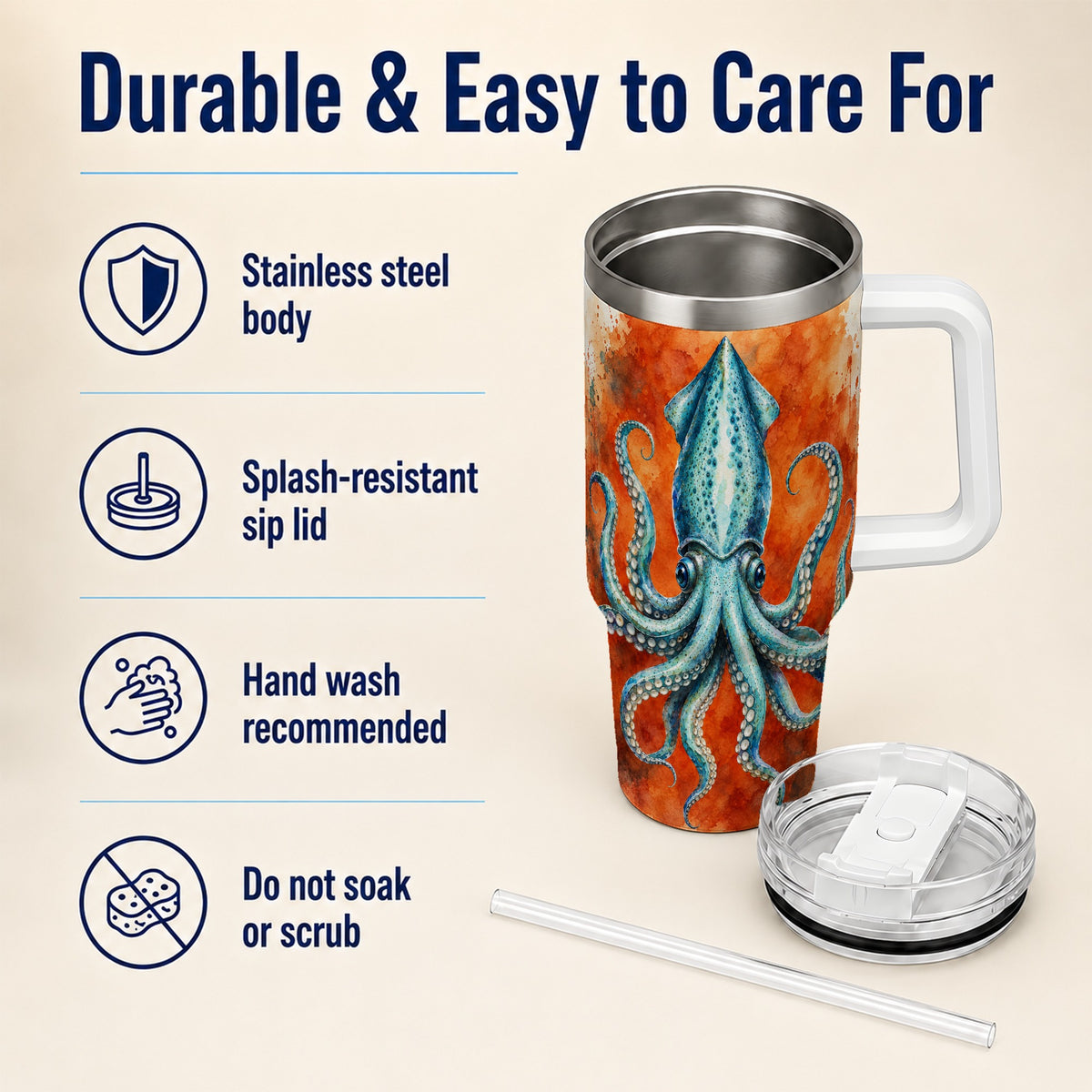 #pl[40oz|White] Watercolor Blue Squid 40oz Tumbler with Handle, Ocean Creature Travel Cup