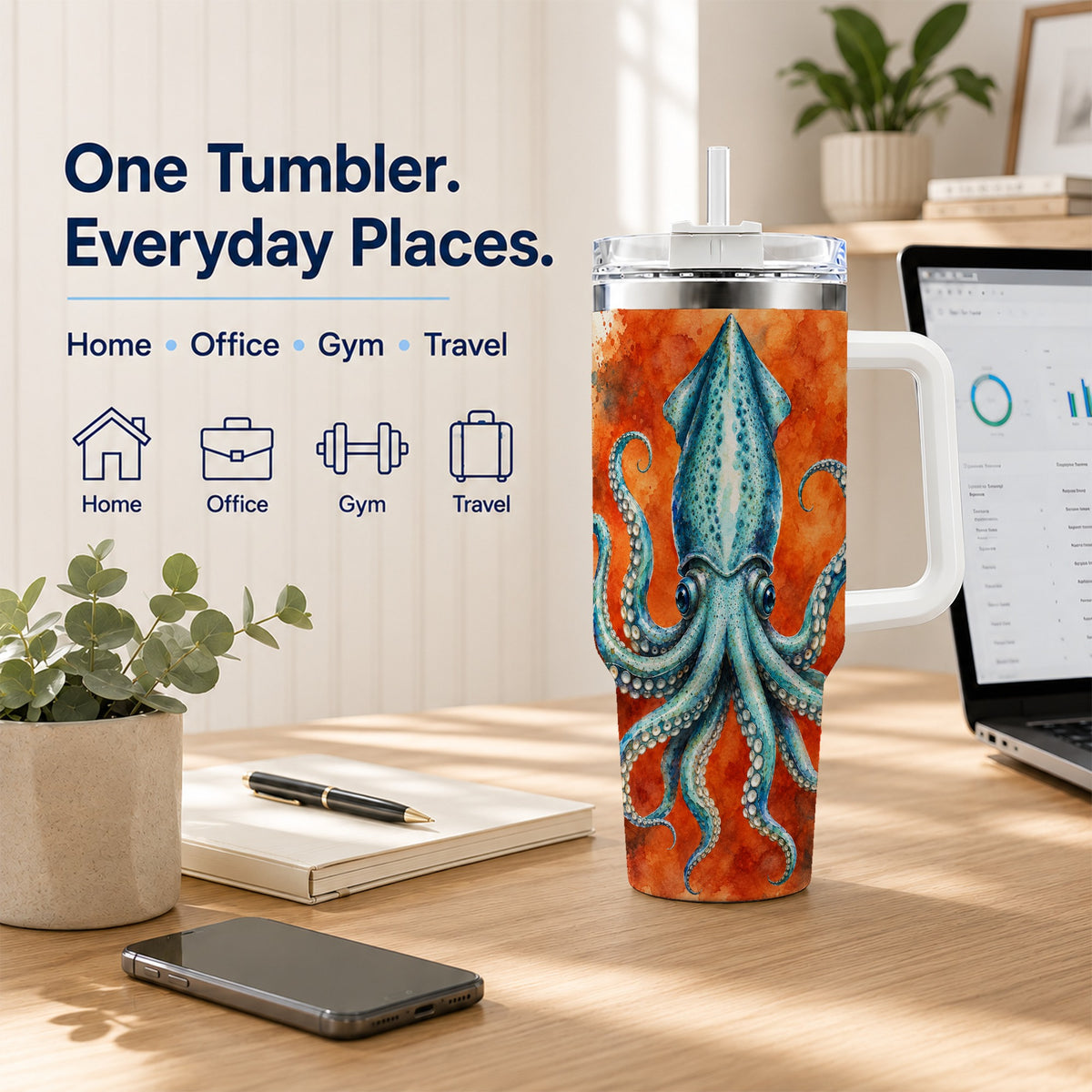#pl[40oz|White] Watercolor Blue Squid 40oz Tumbler with Handle, Ocean Creature Travel Cup