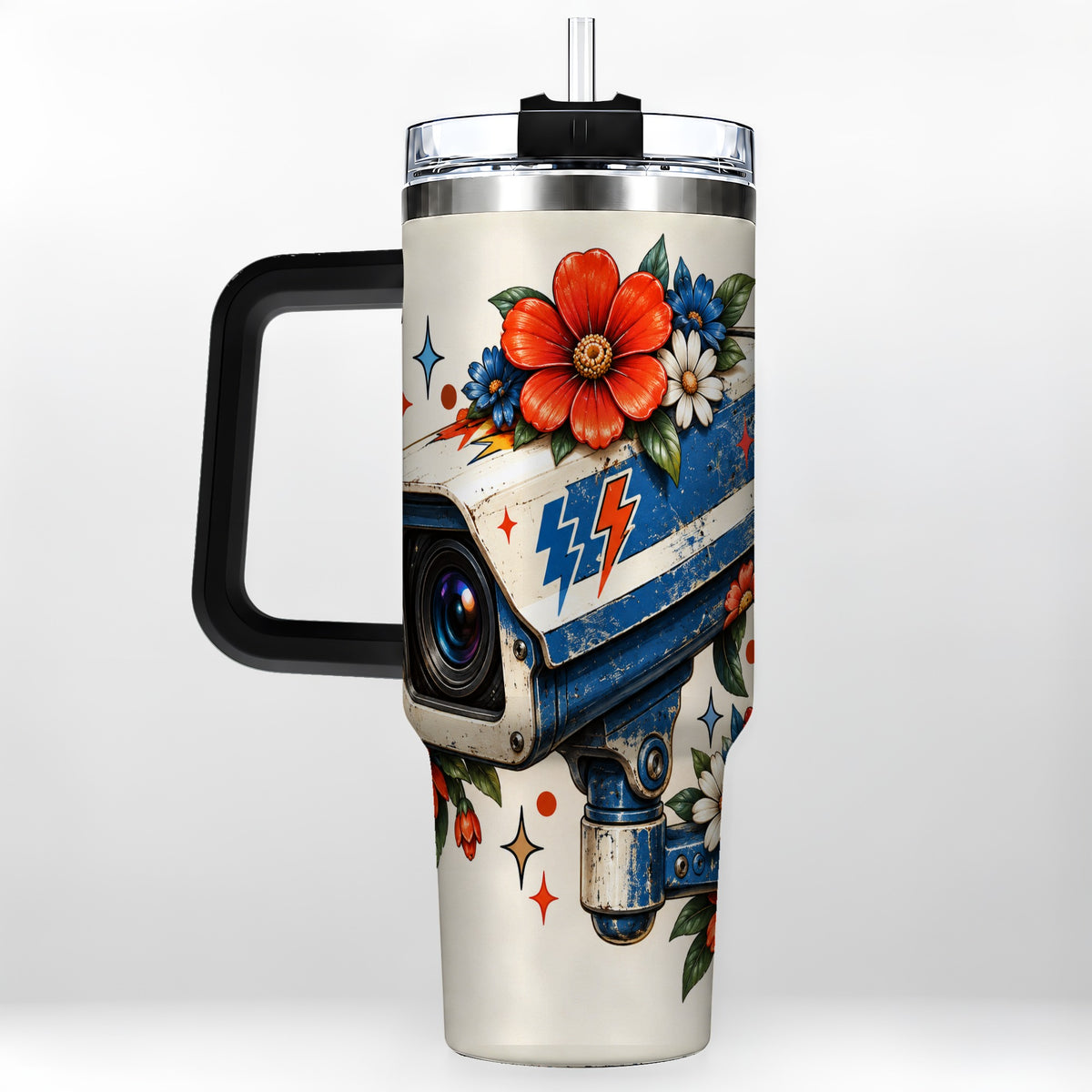 #pl[40oz|Black] Floral Camera 40oz Tumbler with Handle, Retro Stainless Steel Travel Cup