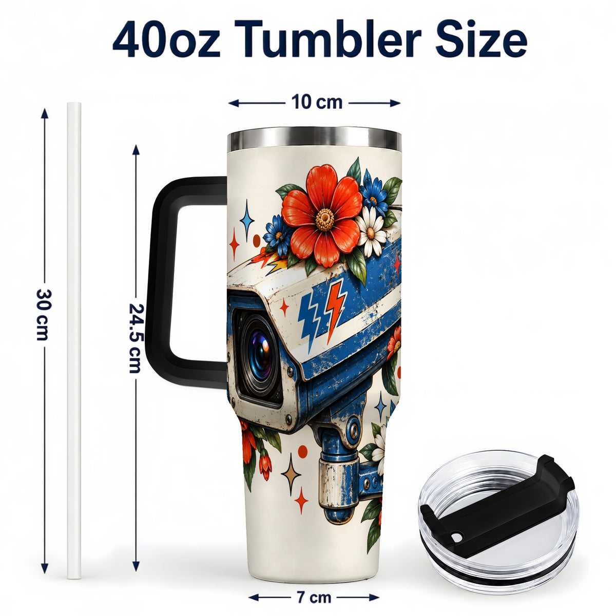 #pl[40oz|Black] Floral Camera 40oz Tumbler with Handle, Retro Stainless Steel Travel Cup