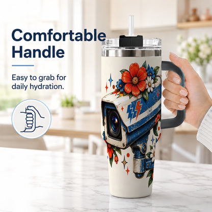 #pl[40oz|Black] Floral Camera 40oz Tumbler with Handle, Retro Stainless Steel Travel Cup