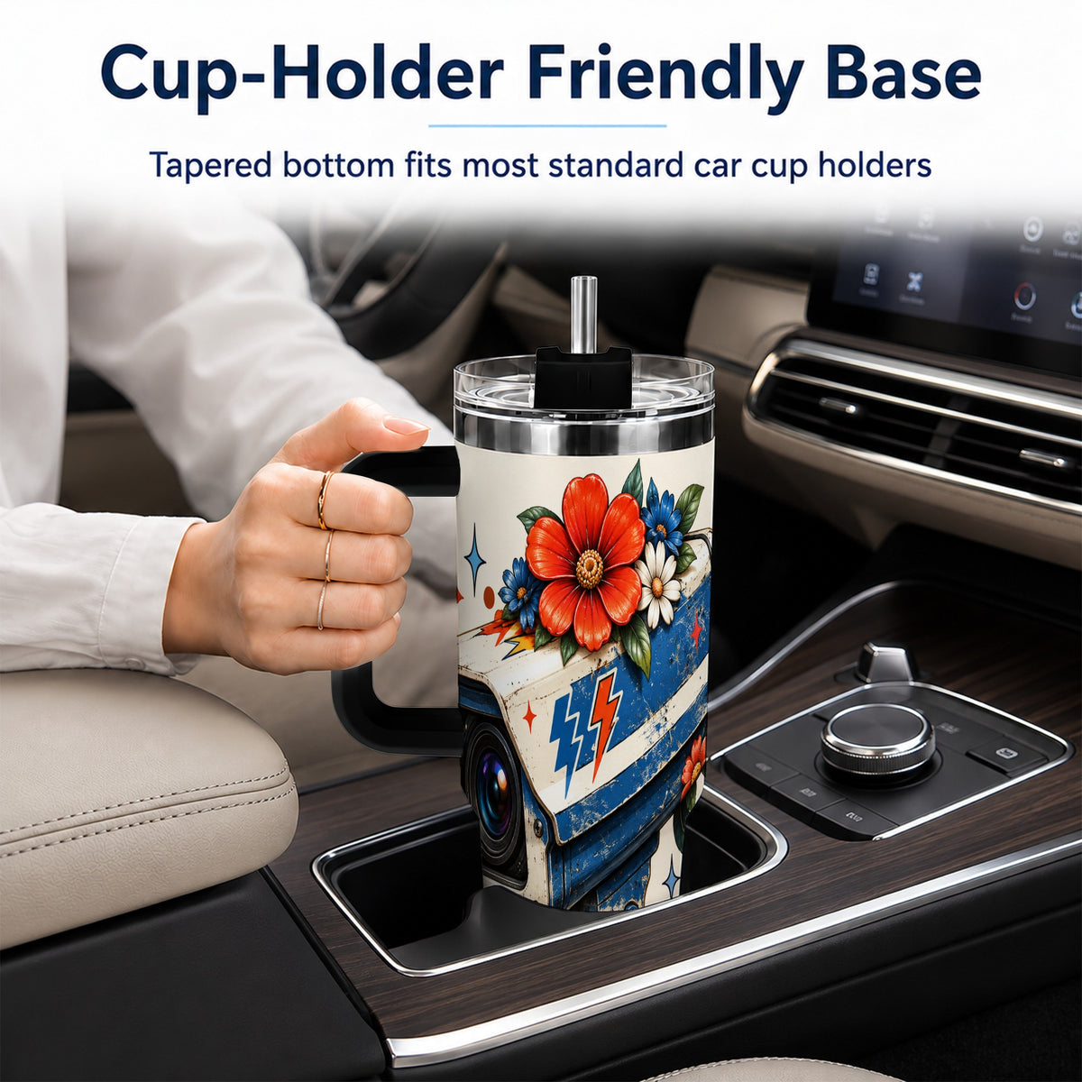 #pl[40oz|Black] Floral Camera 40oz Tumbler with Handle, Retro Stainless Steel Travel Cup