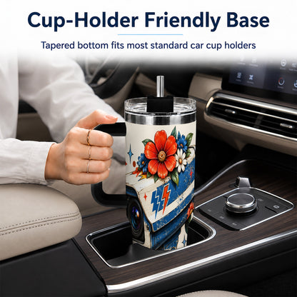 #pl[40oz|Black] Floral Camera 40oz Tumbler with Handle, Retro Stainless Steel Travel Cup