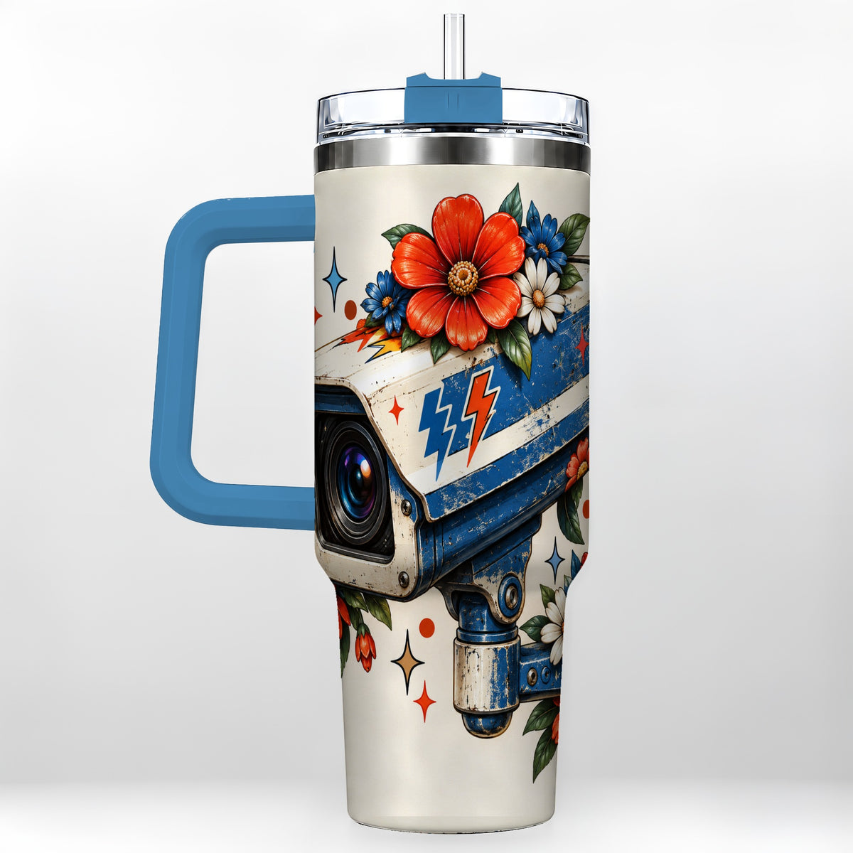 #pl[40oz|Blue] Floral Camera 40oz Tumbler with Handle, Retro Stainless Steel Travel Cup