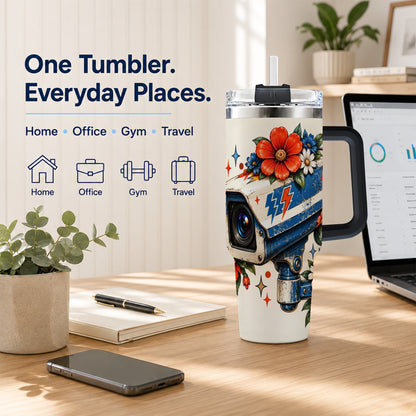 #pl[40oz|Black] Floral Camera 40oz Tumbler with Handle, Retro Stainless Steel Travel Cup