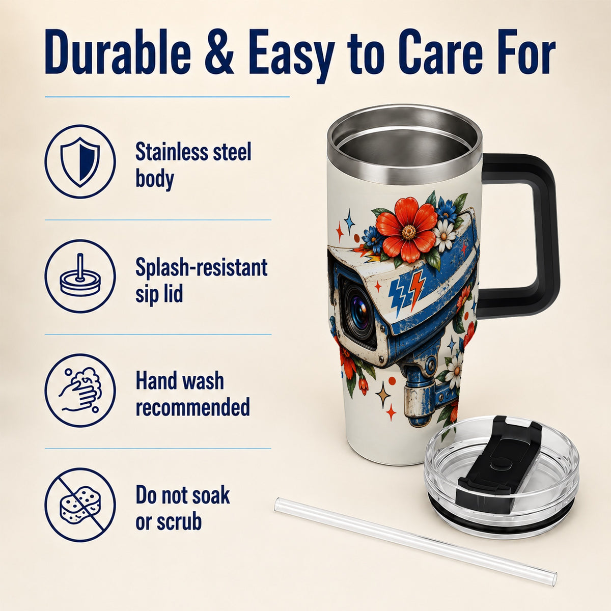 #pl[40oz|Black] Floral Camera 40oz Tumbler with Handle, Retro Stainless Steel Travel Cup