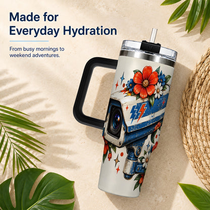#pl[40oz|Black] Floral Camera 40oz Tumbler with Handle, Retro Stainless Steel Travel Cup