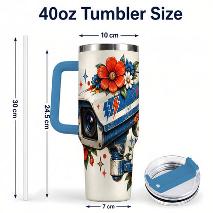 #pl[40oz|Blue] Floral Camera 40oz Tumbler with Handle, Retro Stainless Steel Travel Cup
