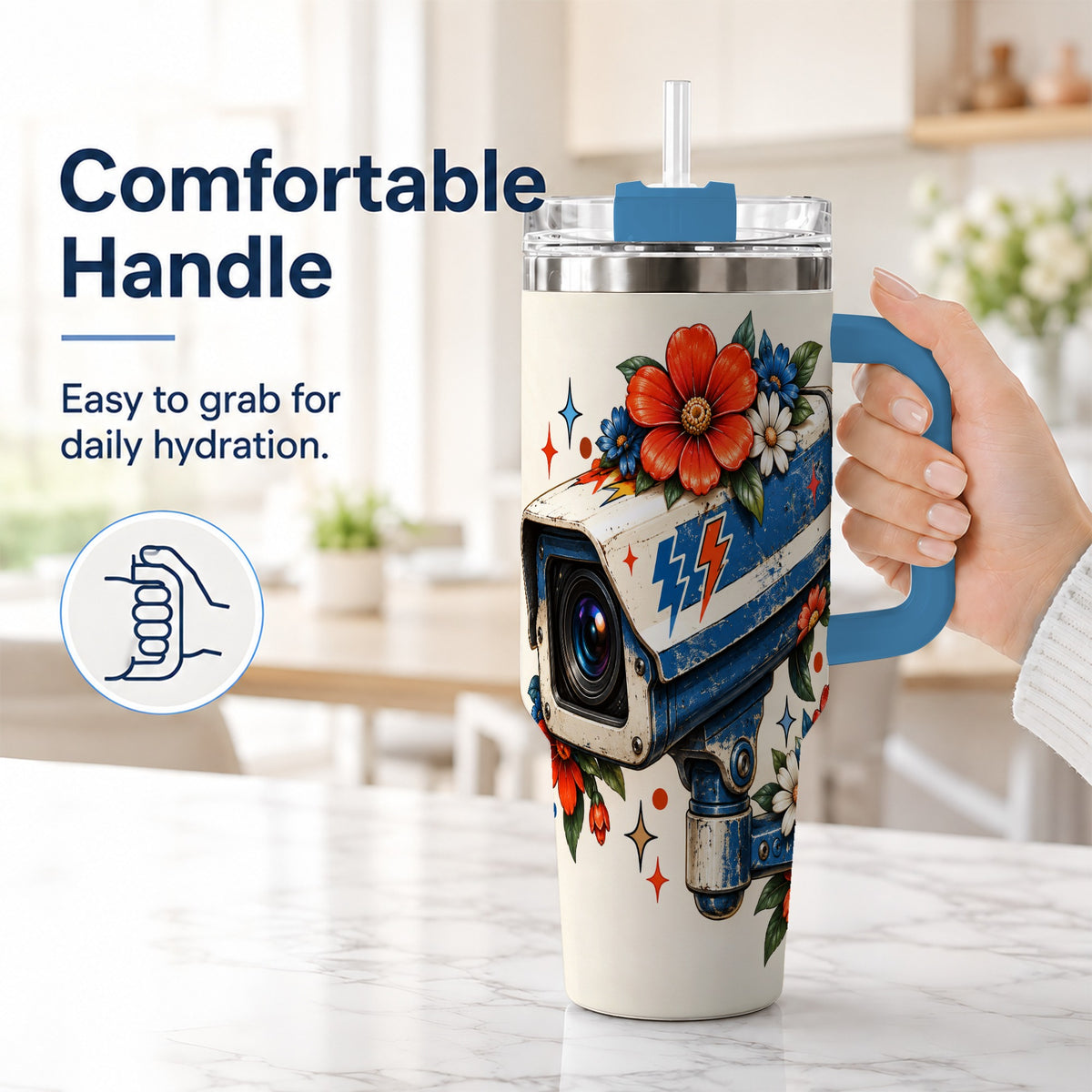 #pl[40oz|Blue] Floral Camera 40oz Tumbler with Handle, Retro Stainless Steel Travel Cup