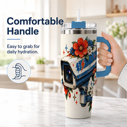 #pl[40oz|Blue] Floral Camera 40oz Tumbler with Handle, Retro Stainless Steel Travel Cup