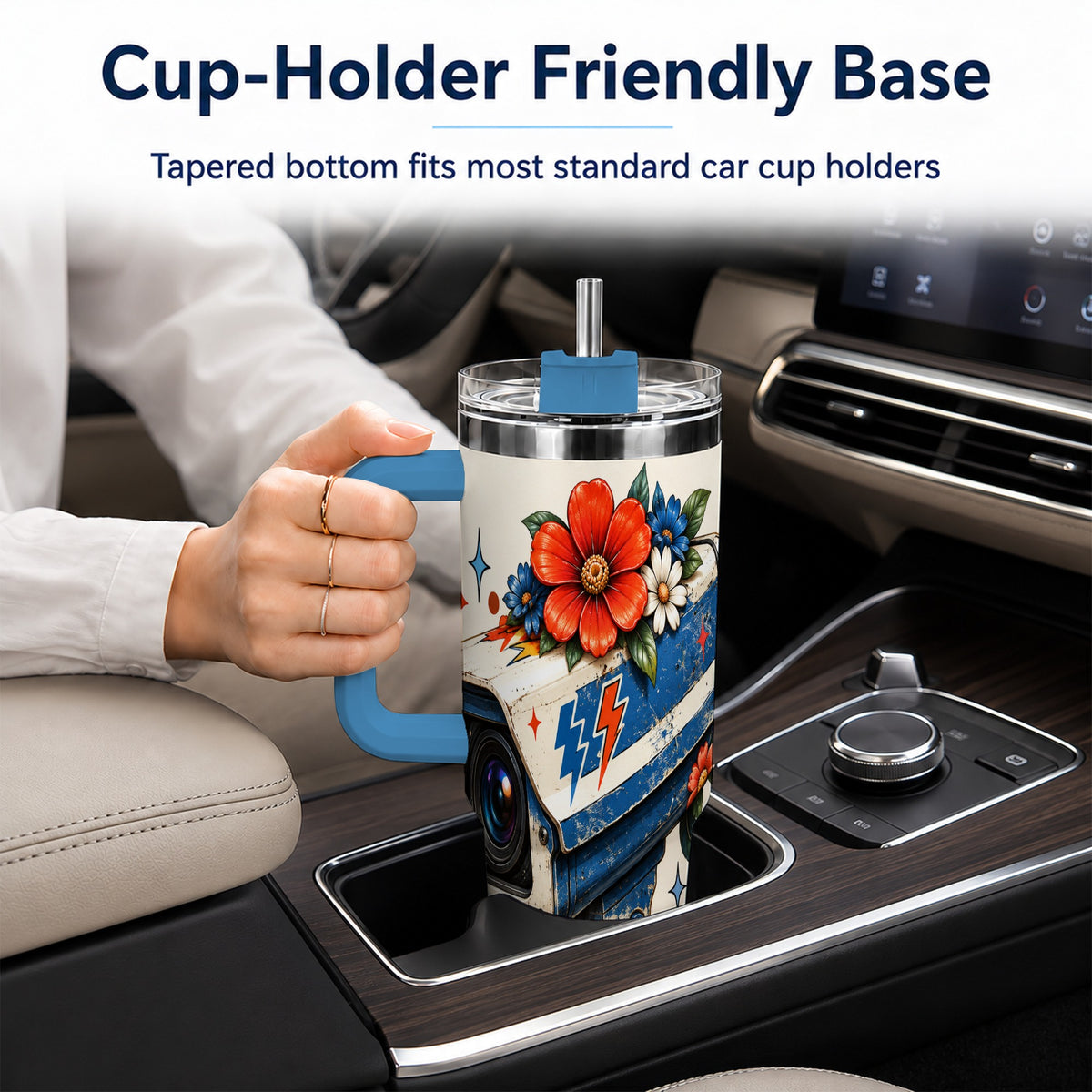 #pl[40oz|Blue] Floral Camera 40oz Tumbler with Handle, Retro Stainless Steel Travel Cup