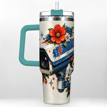 #pl[40oz|Green] Floral Camera 40oz Tumbler with Handle, Retro Stainless Steel Travel Cup