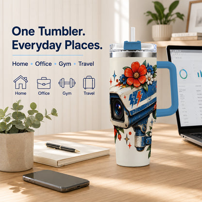 #pl[40oz|Blue] Floral Camera 40oz Tumbler with Handle, Retro Stainless Steel Travel Cup