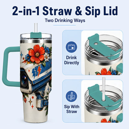 #pl[40oz|Green] Floral Camera 40oz Tumbler with Handle, Retro Stainless Steel Travel Cup