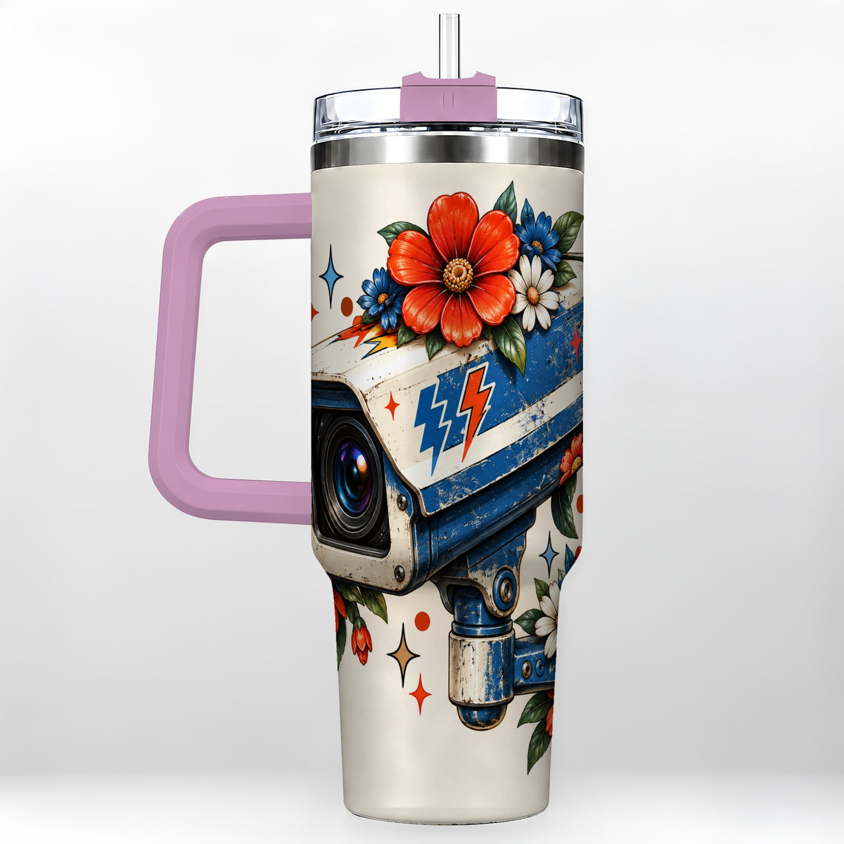 #pl[40oz|Pink] Floral Camera 40oz Tumbler with Handle, Retro Stainless Steel Travel Cup