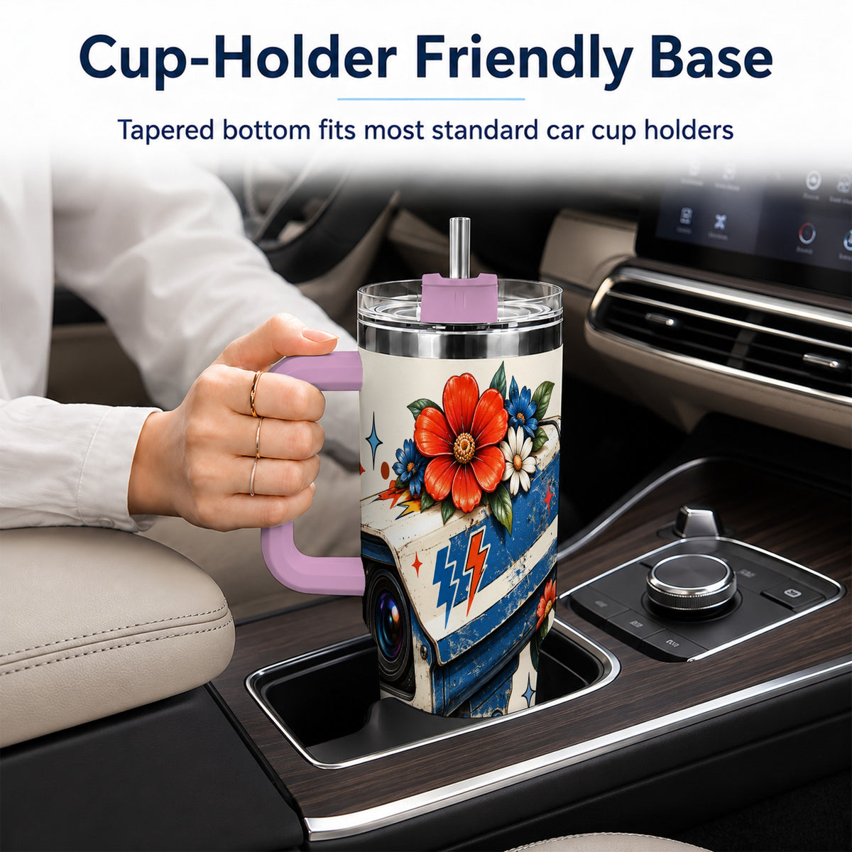 #pl[40oz|Pink] Floral Camera 40oz Tumbler with Handle, Retro Stainless Steel Travel Cup