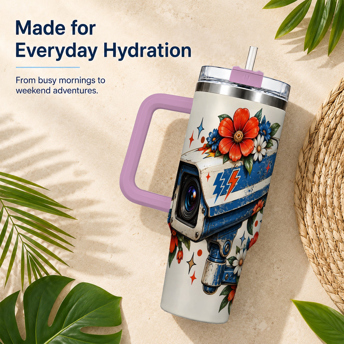 #pl[40oz|Pink] Floral Camera 40oz Tumbler with Handle, Retro Stainless Steel Travel Cup