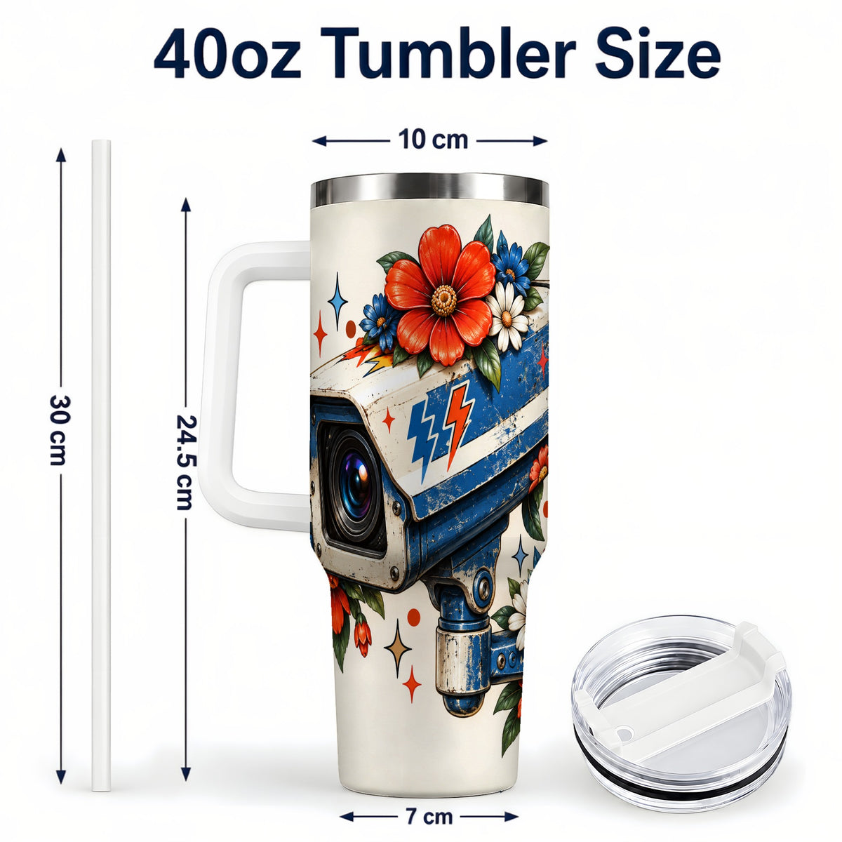 #pl[40oz|White] Floral Camera 40oz Tumbler with Handle, Retro Stainless Steel Travel Cup