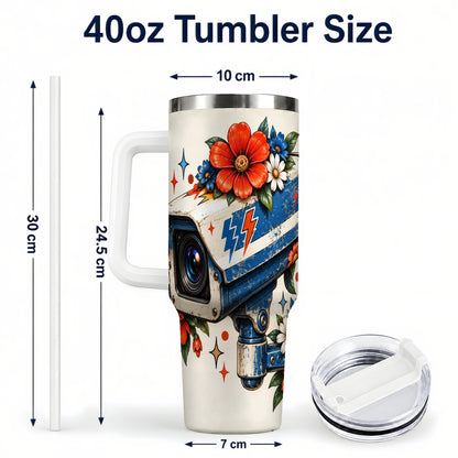 #pl[40oz|White] Floral Camera 40oz Tumbler with Handle, Retro Stainless Steel Travel Cup