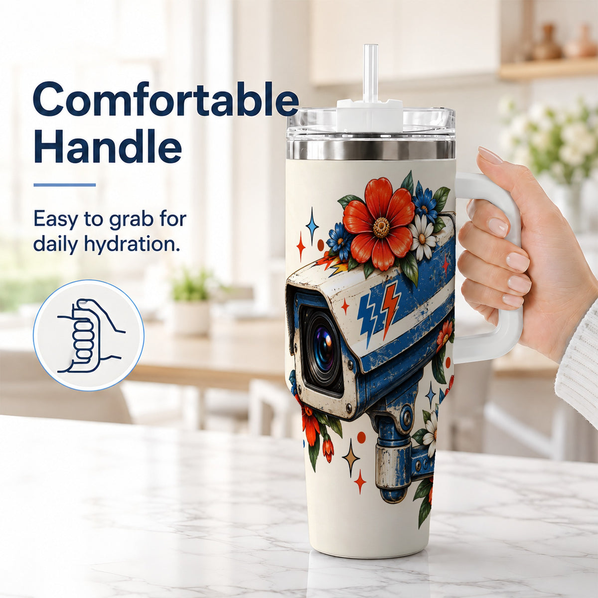 #pl[40oz|White] Floral Camera 40oz Tumbler with Handle, Retro Stainless Steel Travel Cup