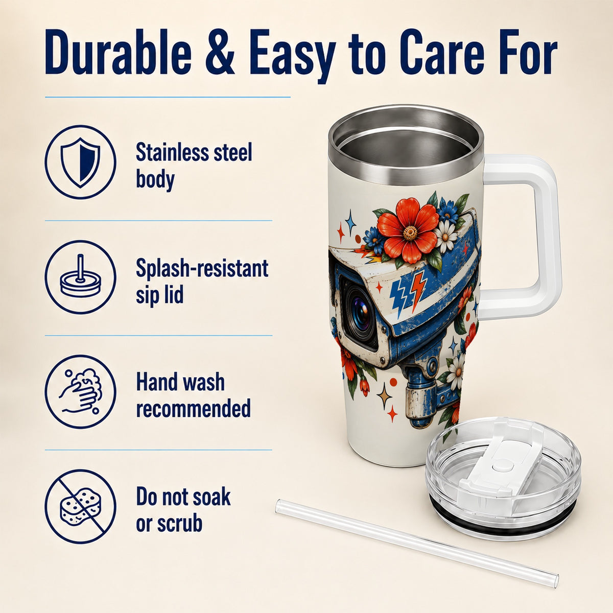 #pl[40oz|White] Floral Camera 40oz Tumbler with Handle, Retro Stainless Steel Travel Cup