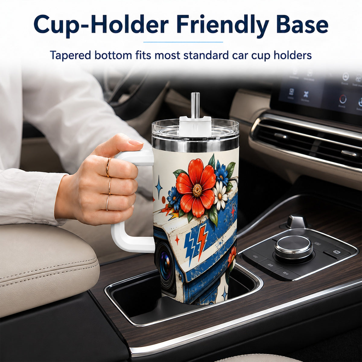 #pl[40oz|White] Floral Camera 40oz Tumbler with Handle, Retro Stainless Steel Travel Cup