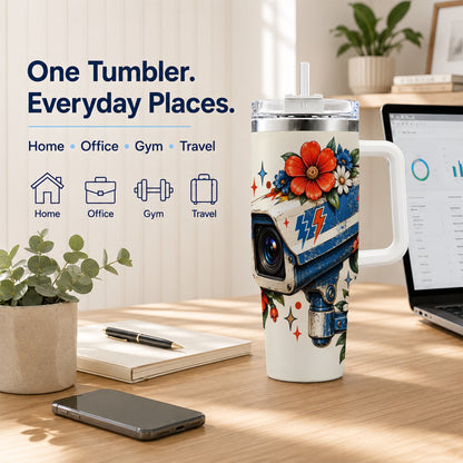 #pl[40oz|White] Floral Camera 40oz Tumbler with Handle, Retro Stainless Steel Travel Cup