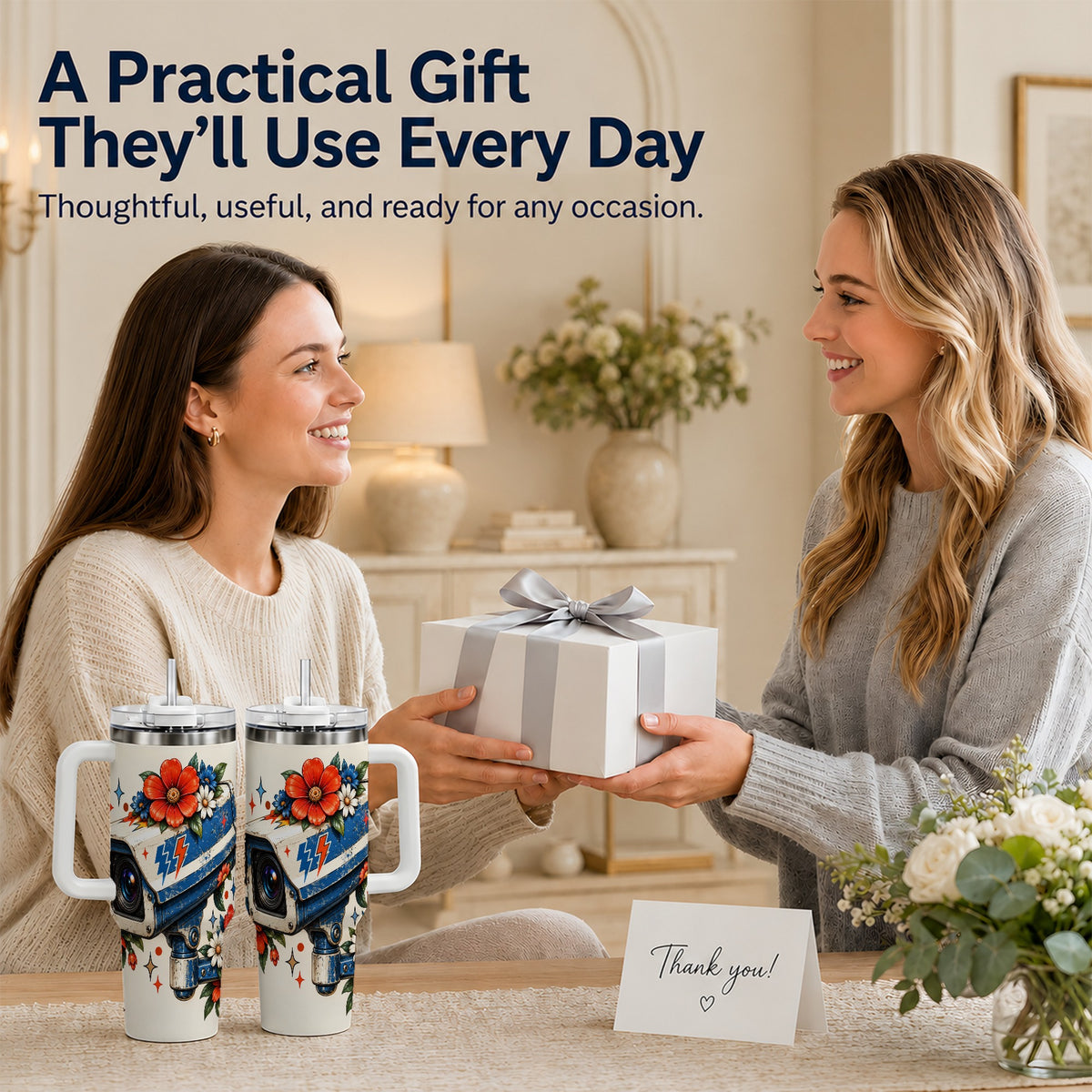 #pl[40oz|White] Floral Camera 40oz Tumbler with Handle, Retro Stainless Steel Travel Cup