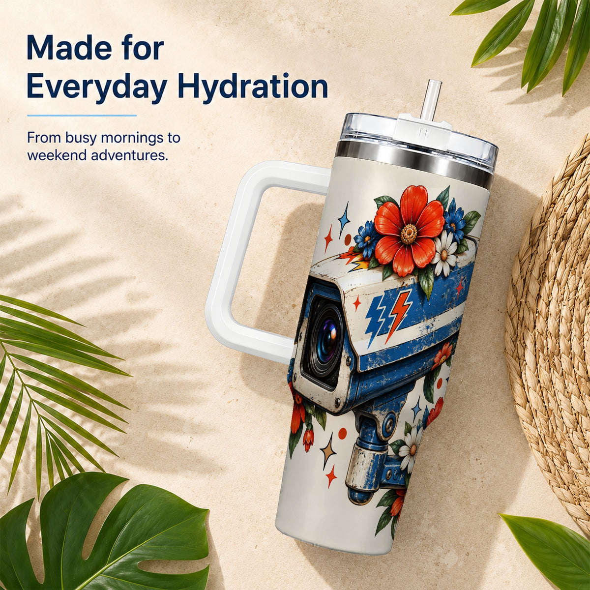 #pl[40oz|White] Floral Camera 40oz Tumbler with Handle, Retro Stainless Steel Travel Cup