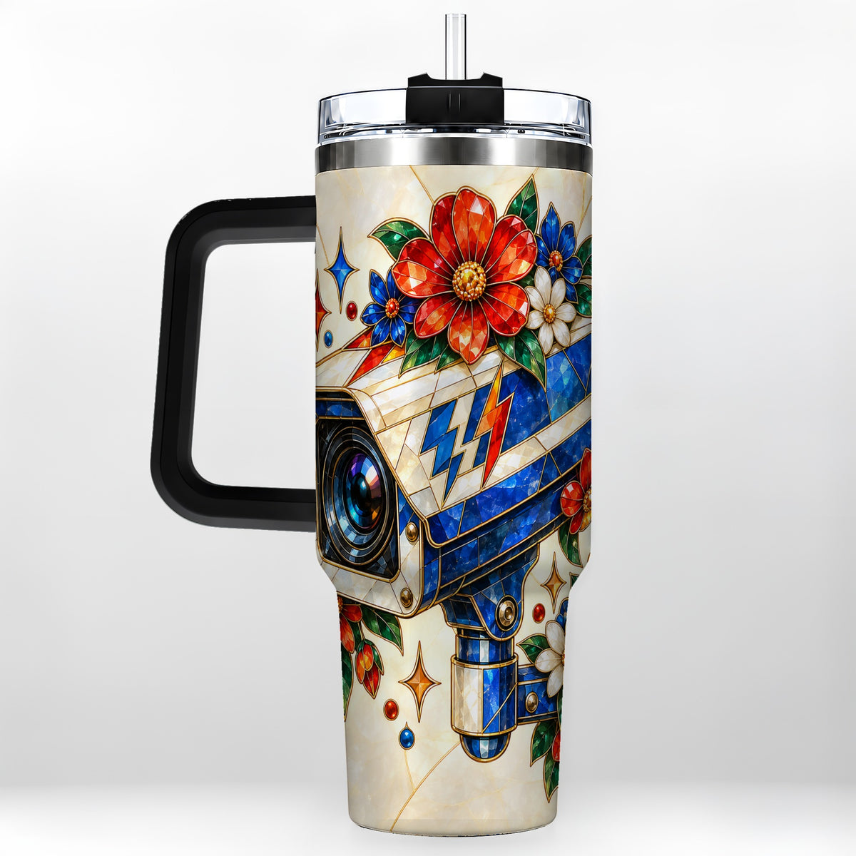 #pl[40oz|Black] Floral Camera 40oz Tumbler with Handle, Mosaic Stainless Steel Travel Cup
