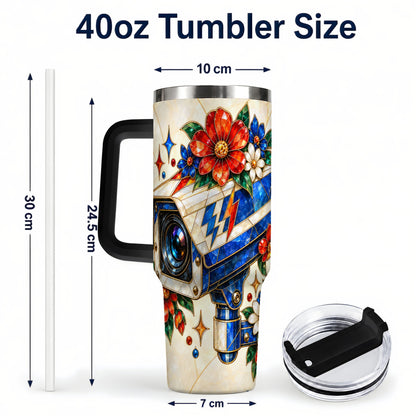 #pl[40oz|Black] Floral Camera 40oz Tumbler with Handle, Mosaic Stainless Steel Travel Cup