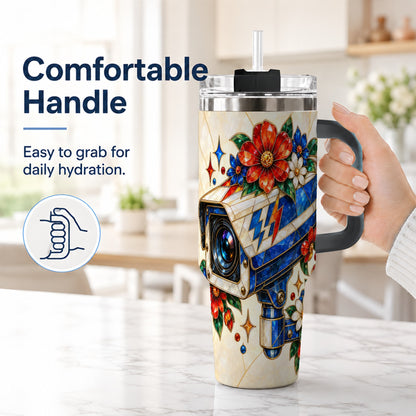 #pl[40oz|Black] Floral Camera 40oz Tumbler with Handle, Mosaic Stainless Steel Travel Cup