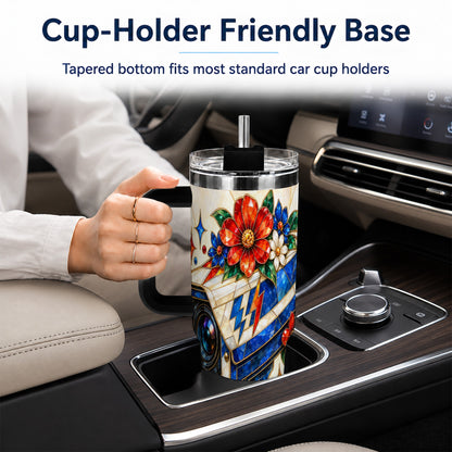 #pl[40oz|Black] Floral Camera 40oz Tumbler with Handle, Mosaic Stainless Steel Travel Cup