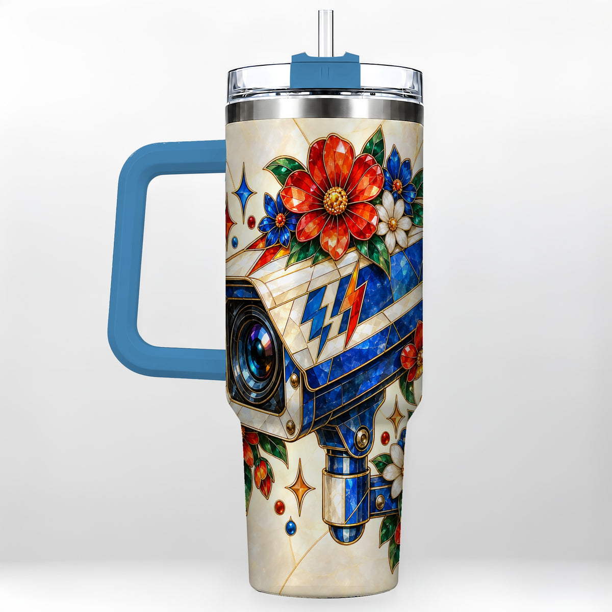 #pl[40oz|Blue] Floral Camera 40oz Tumbler with Handle, Mosaic Stainless Steel Travel Cup
