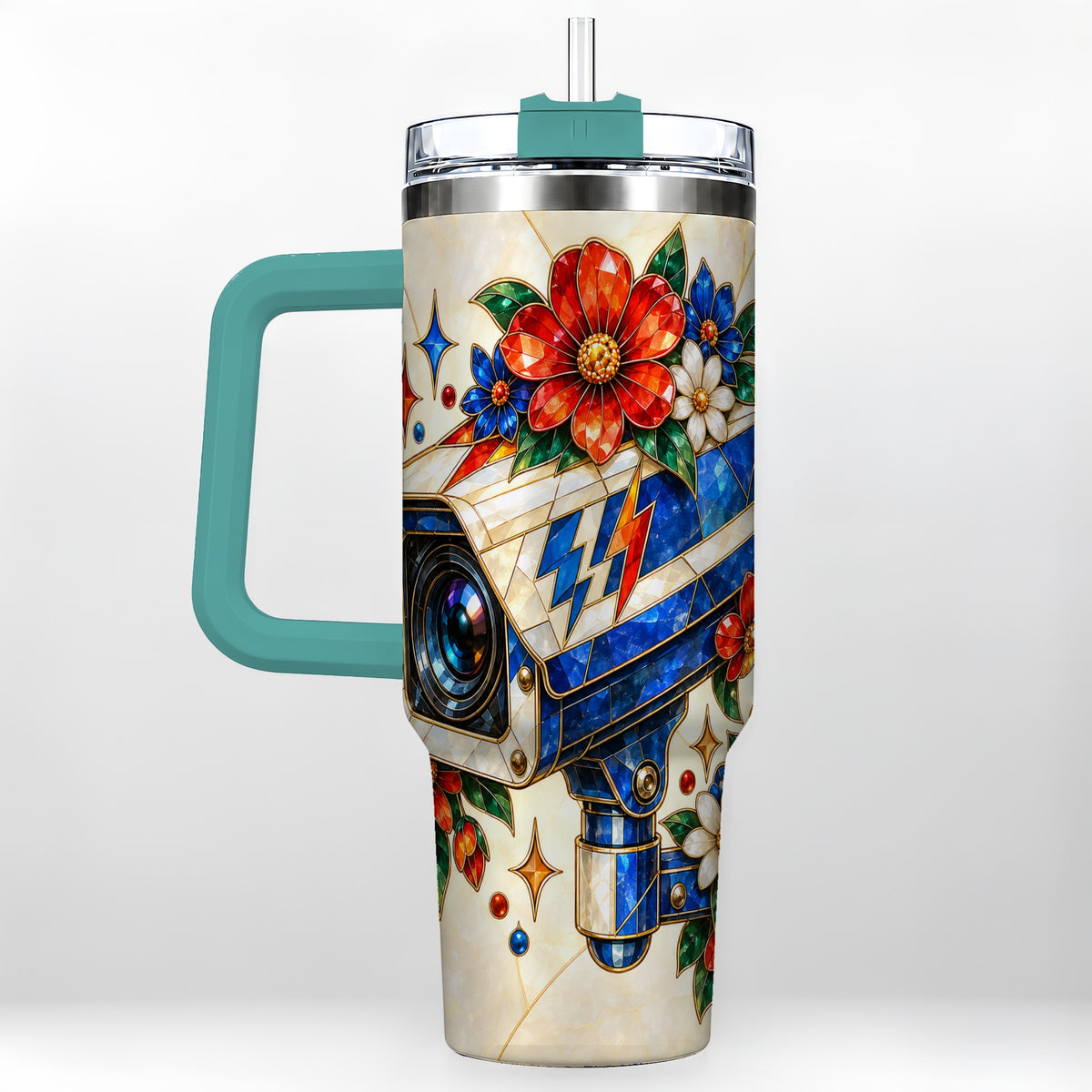 #pl[40oz|Green] Floral Camera 40oz Tumbler with Handle, Mosaic Stainless Steel Travel Cup