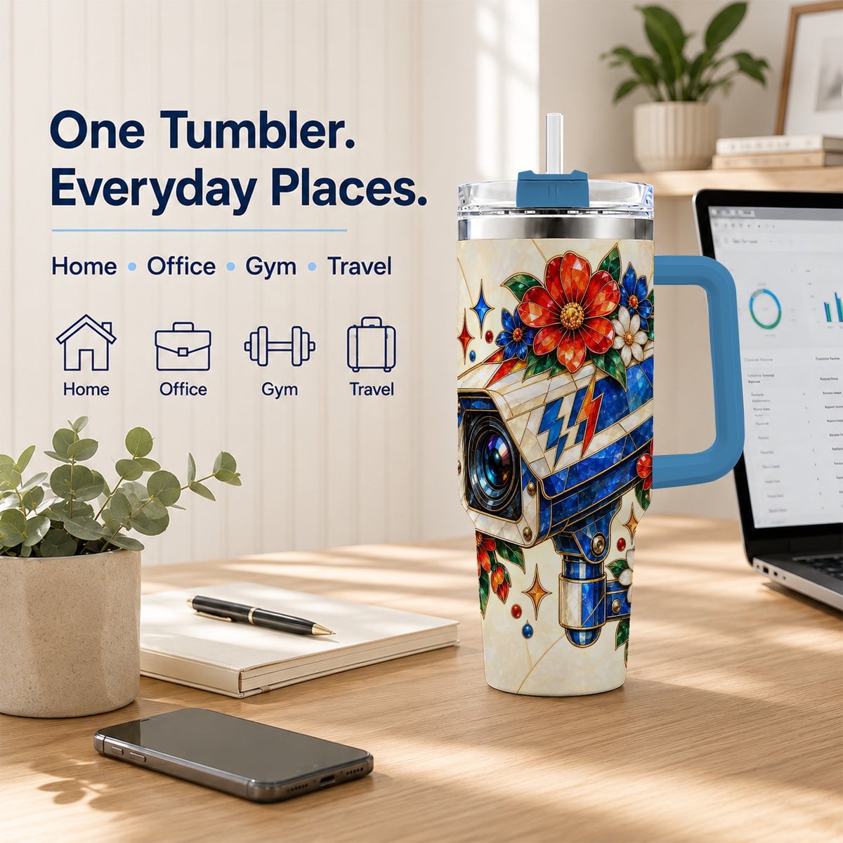 #pl[40oz|Blue] Floral Camera 40oz Tumbler with Handle, Mosaic Stainless Steel Travel Cup