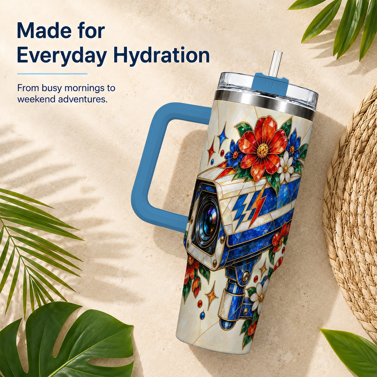 #pl[40oz|Blue] Floral Camera 40oz Tumbler with Handle, Mosaic Stainless Steel Travel Cup
