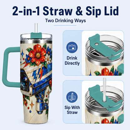 #pl[40oz|Green] Floral Camera 40oz Tumbler with Handle, Mosaic Stainless Steel Travel Cup