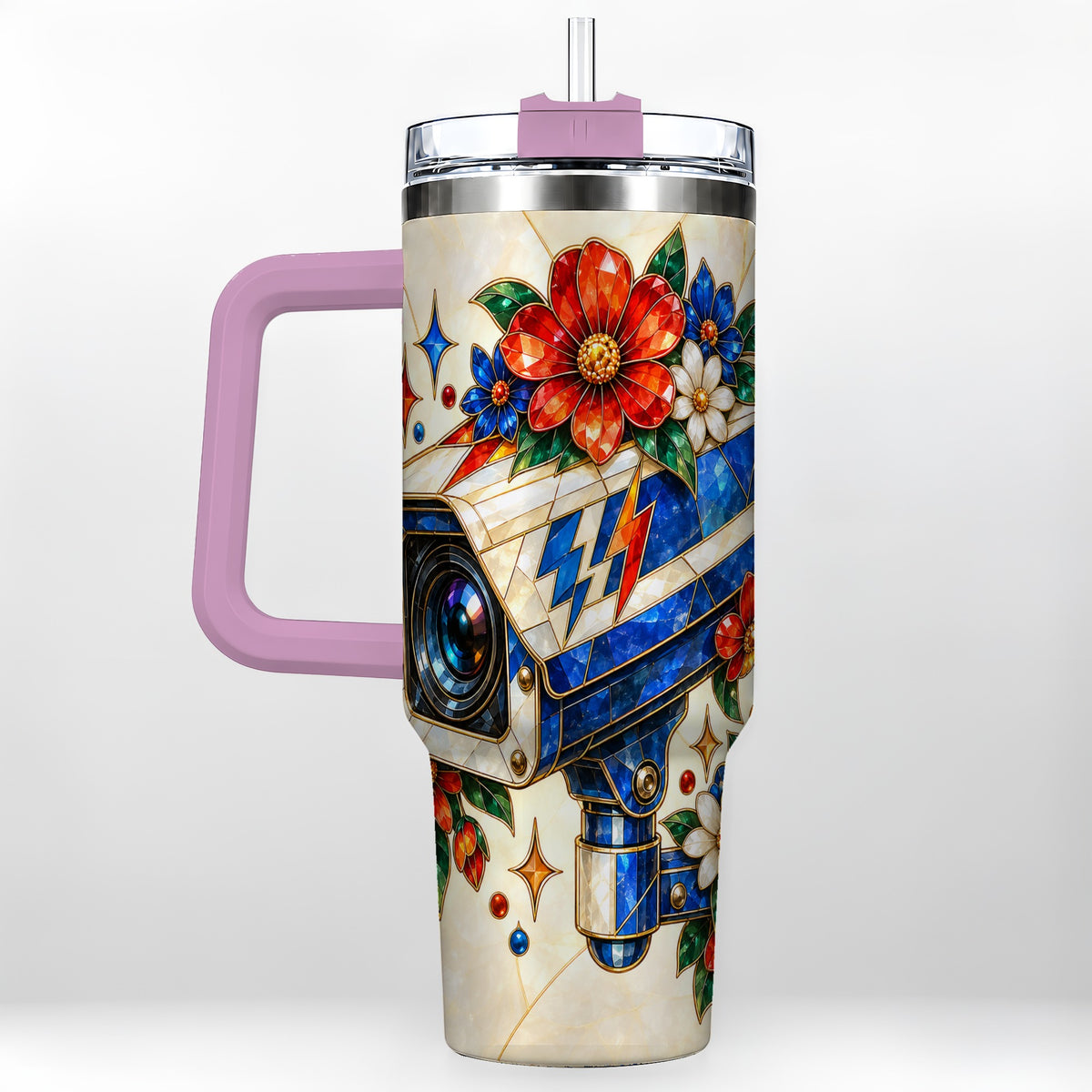 #pl[40oz|Pink] Floral Camera 40oz Tumbler with Handle, Mosaic Stainless Steel Travel Cup