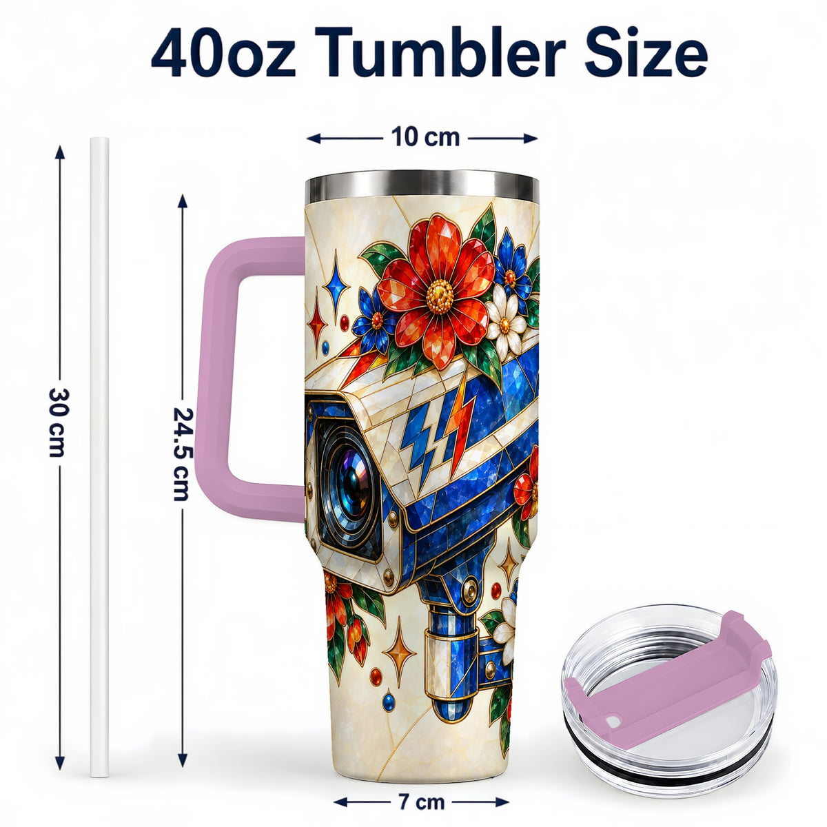 #pl[40oz|Pink] Floral Camera 40oz Tumbler with Handle, Mosaic Stainless Steel Travel Cup