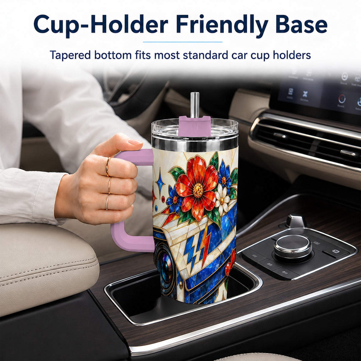 #pl[40oz|Pink] Floral Camera 40oz Tumbler with Handle, Mosaic Stainless Steel Travel Cup
