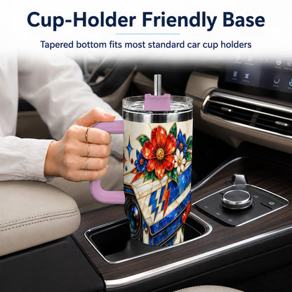 #pl[40oz|Pink] Floral Camera 40oz Tumbler with Handle, Mosaic Stainless Steel Travel Cup