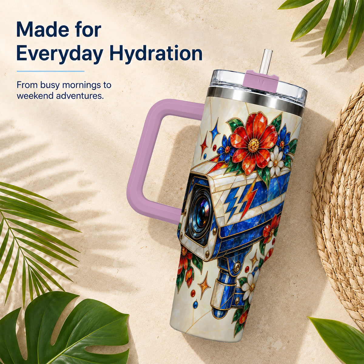 #pl[40oz|Pink] Floral Camera 40oz Tumbler with Handle, Mosaic Stainless Steel Travel Cup