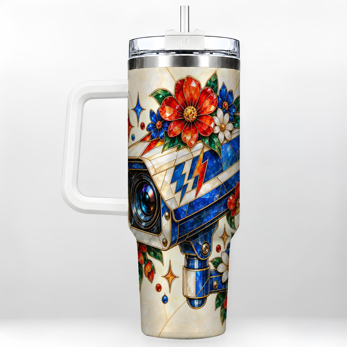 Floral Camera 40oz Tumbler with Handle, Mosaic Stainless Steel Travel Cup