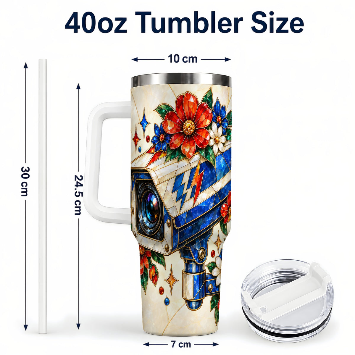 #pl[40oz|White] Floral Camera 40oz Tumbler with Handle, Mosaic Stainless Steel Travel Cup