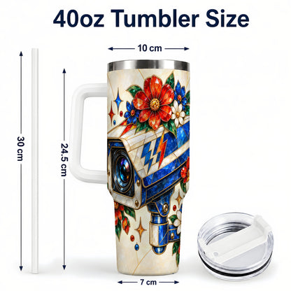 #pl[40oz|White] Floral Camera 40oz Tumbler with Handle, Mosaic Stainless Steel Travel Cup